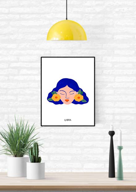 Poster Libra bleu cheveux fleurs