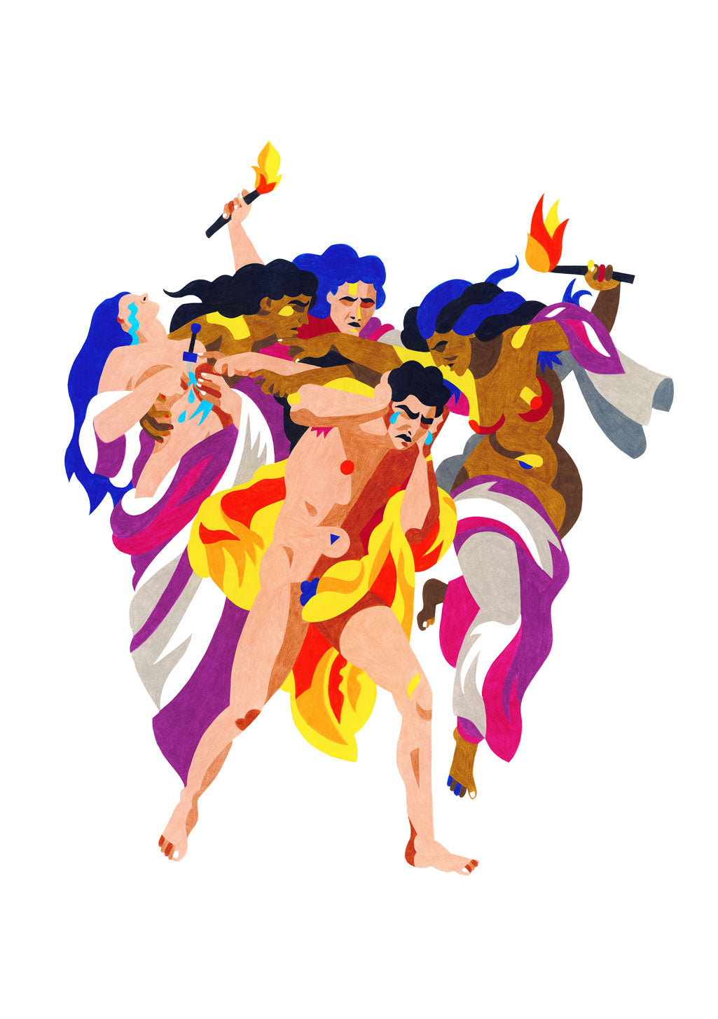 Illustration colorée de plusieurs figures mythologiques avec des torches