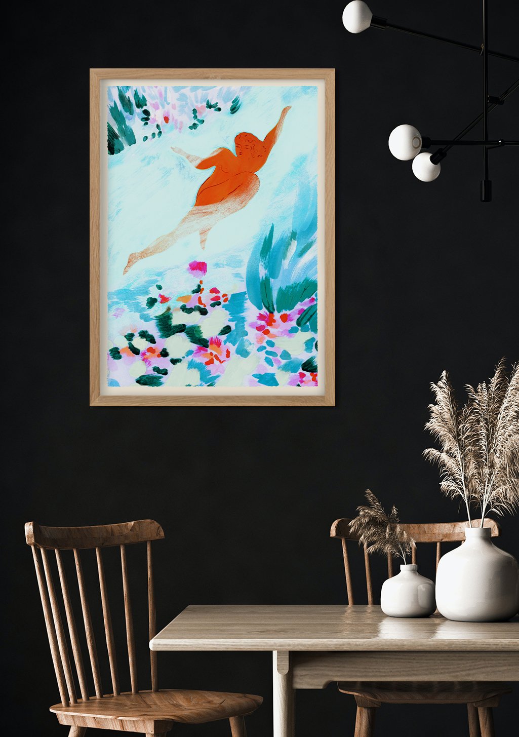 Poster de sirène orange et fleurs colorées