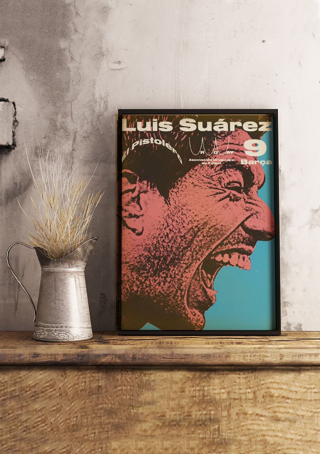 Luis Suárez, El Pistolero, football, Barcelone, signature, numéro 9, poster, encadré, mur, vase, plante