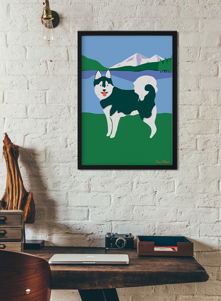 Chien husky, nature, montagne, ciel bleu, herbe verte
