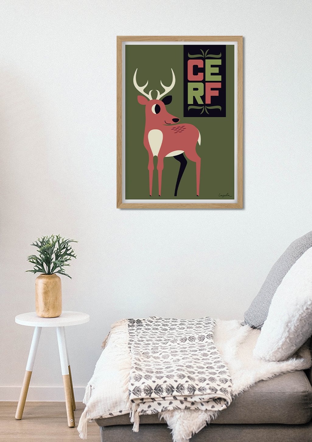 Poster de cerf stylisé vert et rouge avec texte "CERF"
