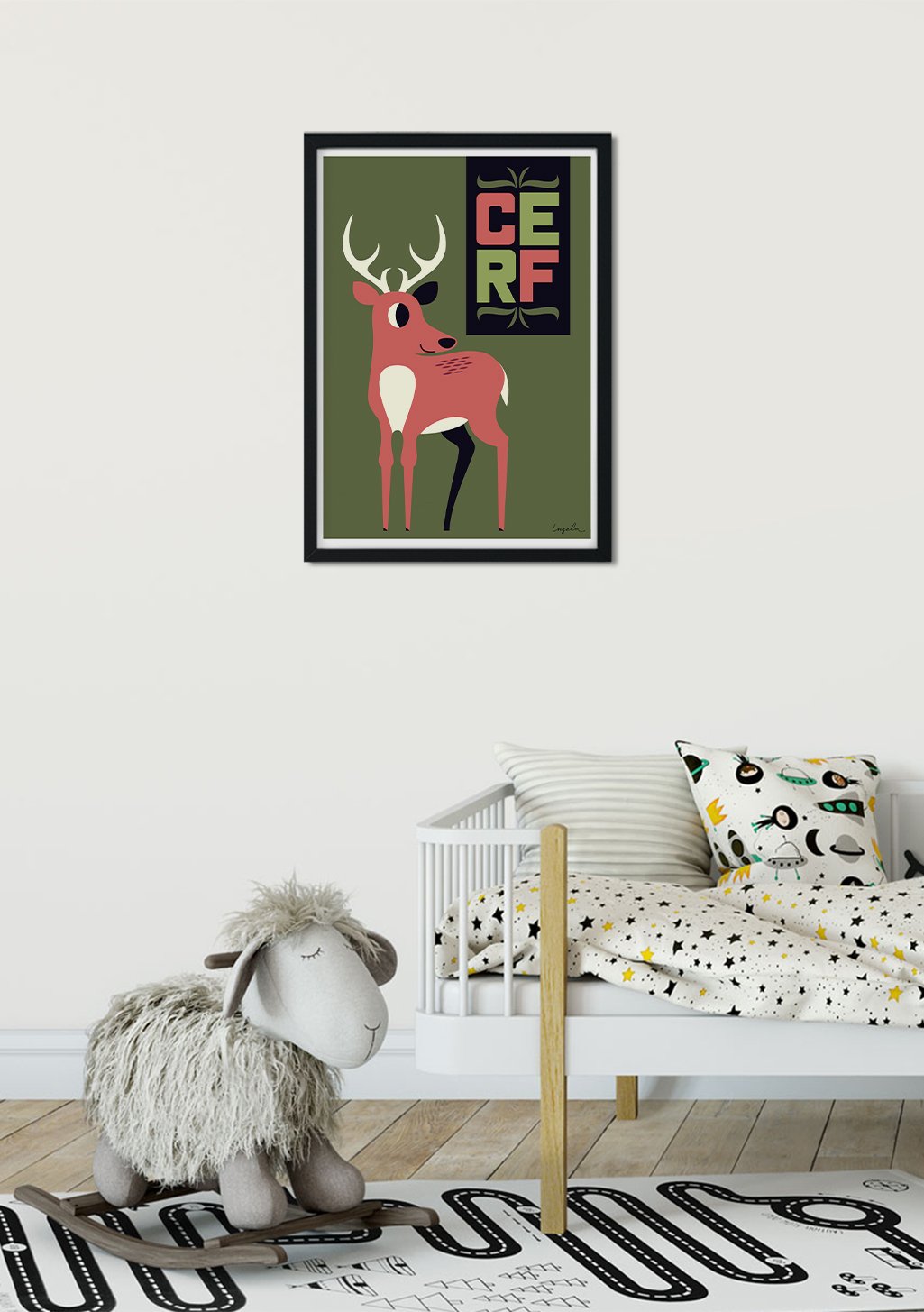 Poster animal, cerf, texte coloré, mur vert, cadre noir