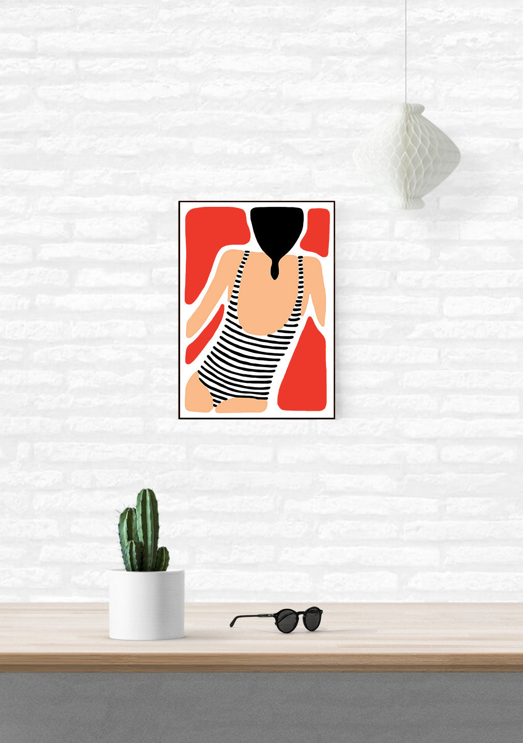 Art abstrait, femme, rouge, noir, blanc, rayures, formes géométriques