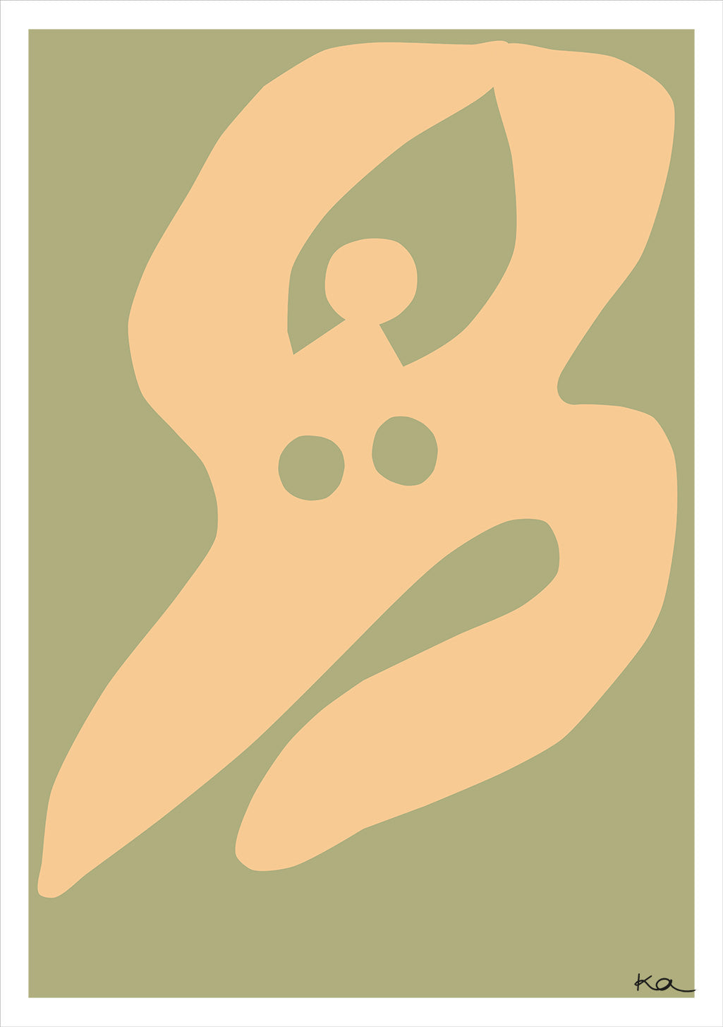 Art abstrait ; formes organiques ; couleurs douces ; fond vert ; signature en bas à droite