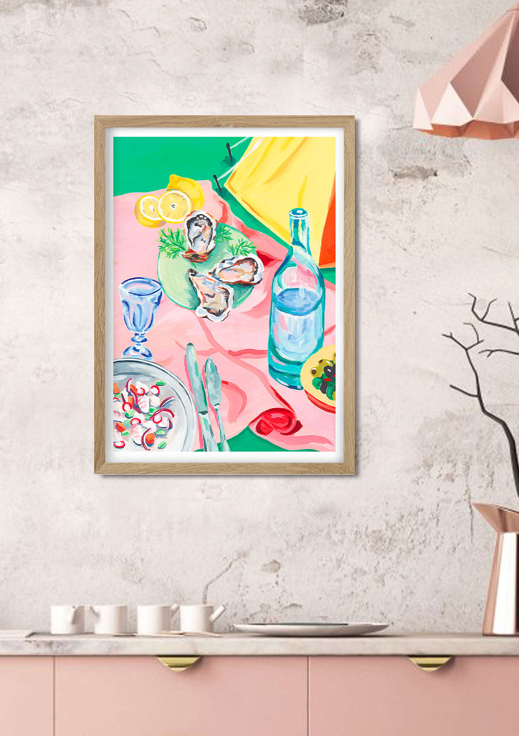 Tableau abstrait de fruits de mer et de boissons