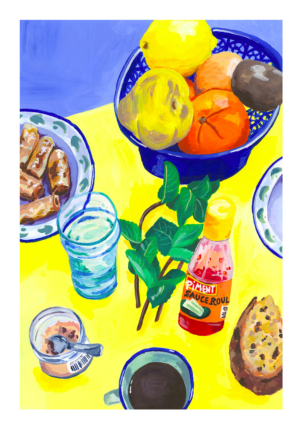 Table de petit-déjeuner colorée avec fruits, pain, café, confiture