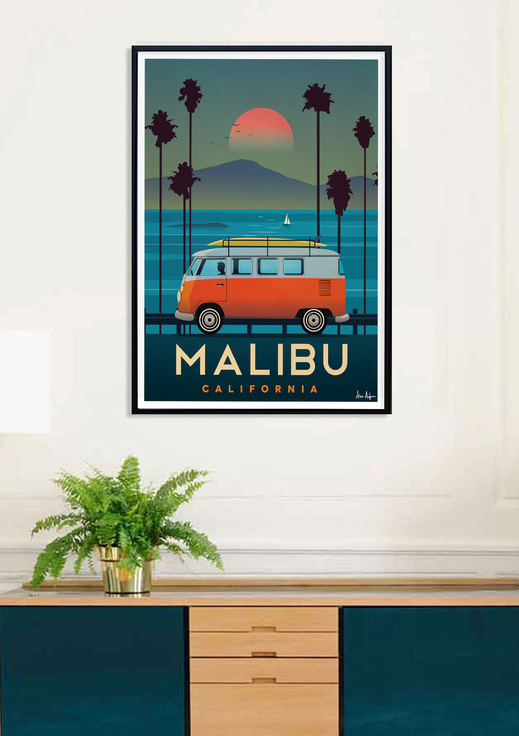 VW Bus, Palmiers, Coucher de soleil, Malibu, Californie, Route côtière