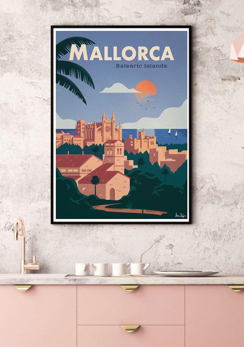 Poster de Mallorca, Îles Baléares, paysage, coucher de soleil, architecture, mer, voiles, palmiers
