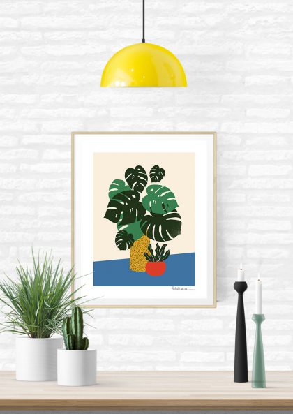 plante tropicale, fruits, nature morte, couleurs vives, cadre blanc