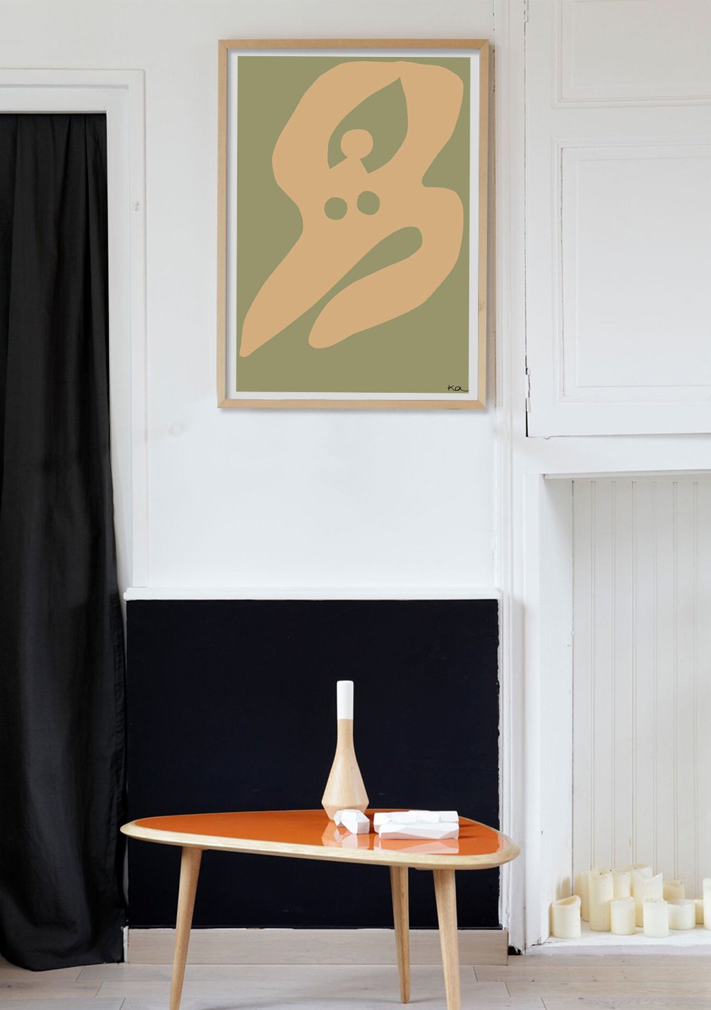 Art abstrait orange et vert, forme organique, cadre en bois
