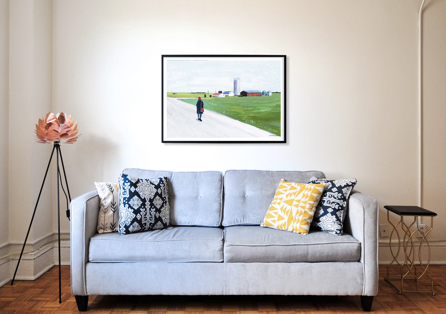 Poster de paysage rural avec personne marchant