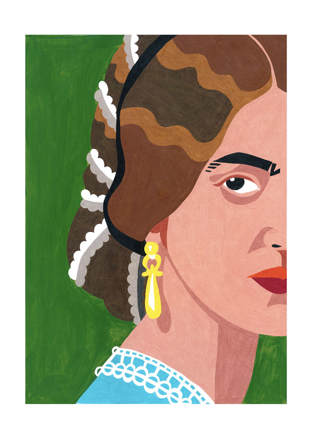 Illustration stylisée d'une femme avec foulard et boucles d'oreilles