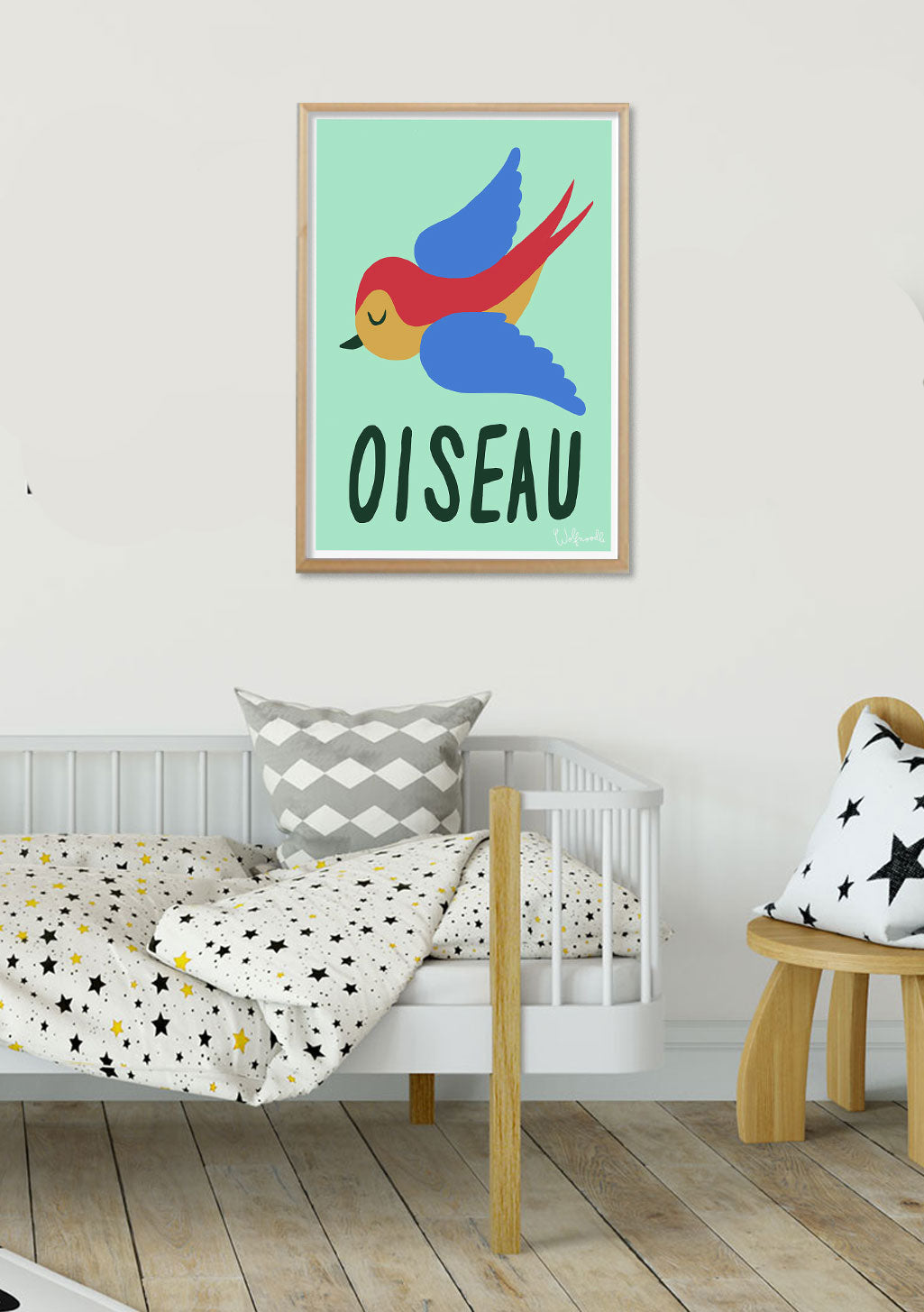 Oiseau bleu et rouge, texte OISEAU, fond vert clair