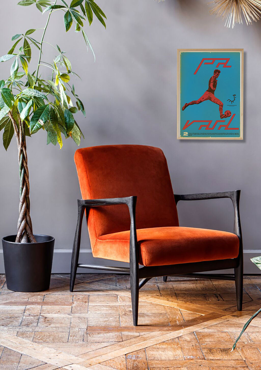 Poster bleu avec homme sautant, texte rouge