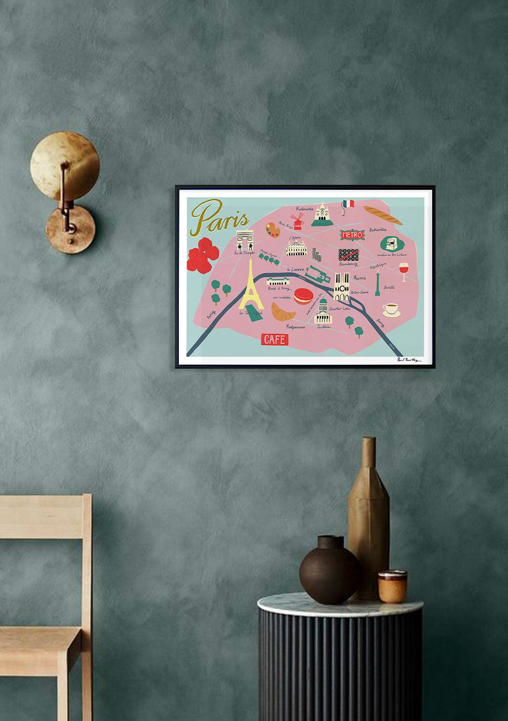 Carte de Paris illustrée avec des monuments et des cafés