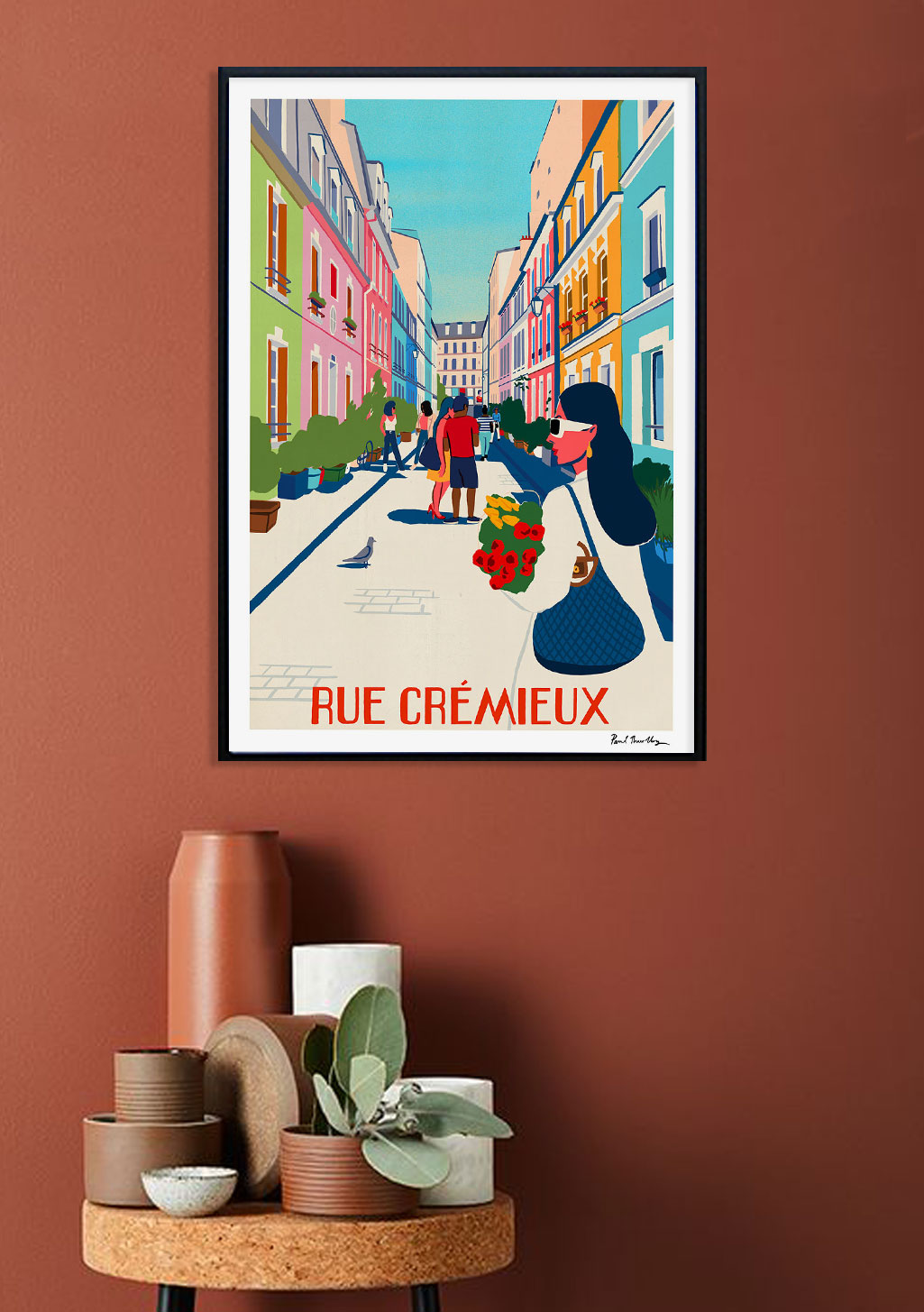 Poster Rue Crémieux, rue colorée, Paris, France, personnes, bâtiments colorés, ciel bleu