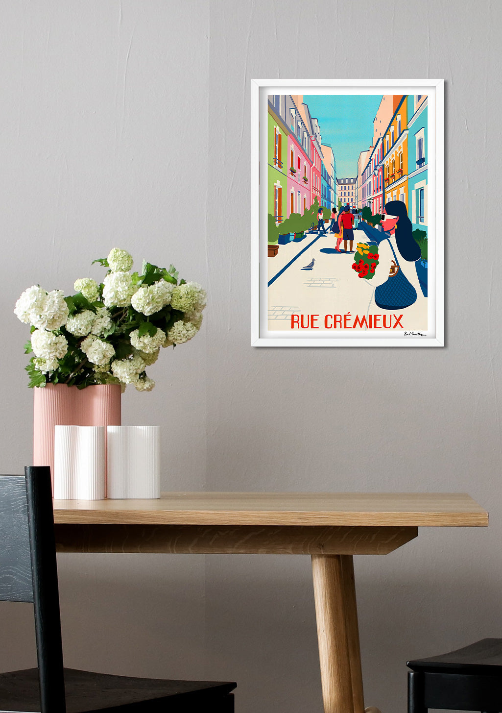 Poster rue colorée, Paris, Rue Cremieux, gens, bâtiments colorés