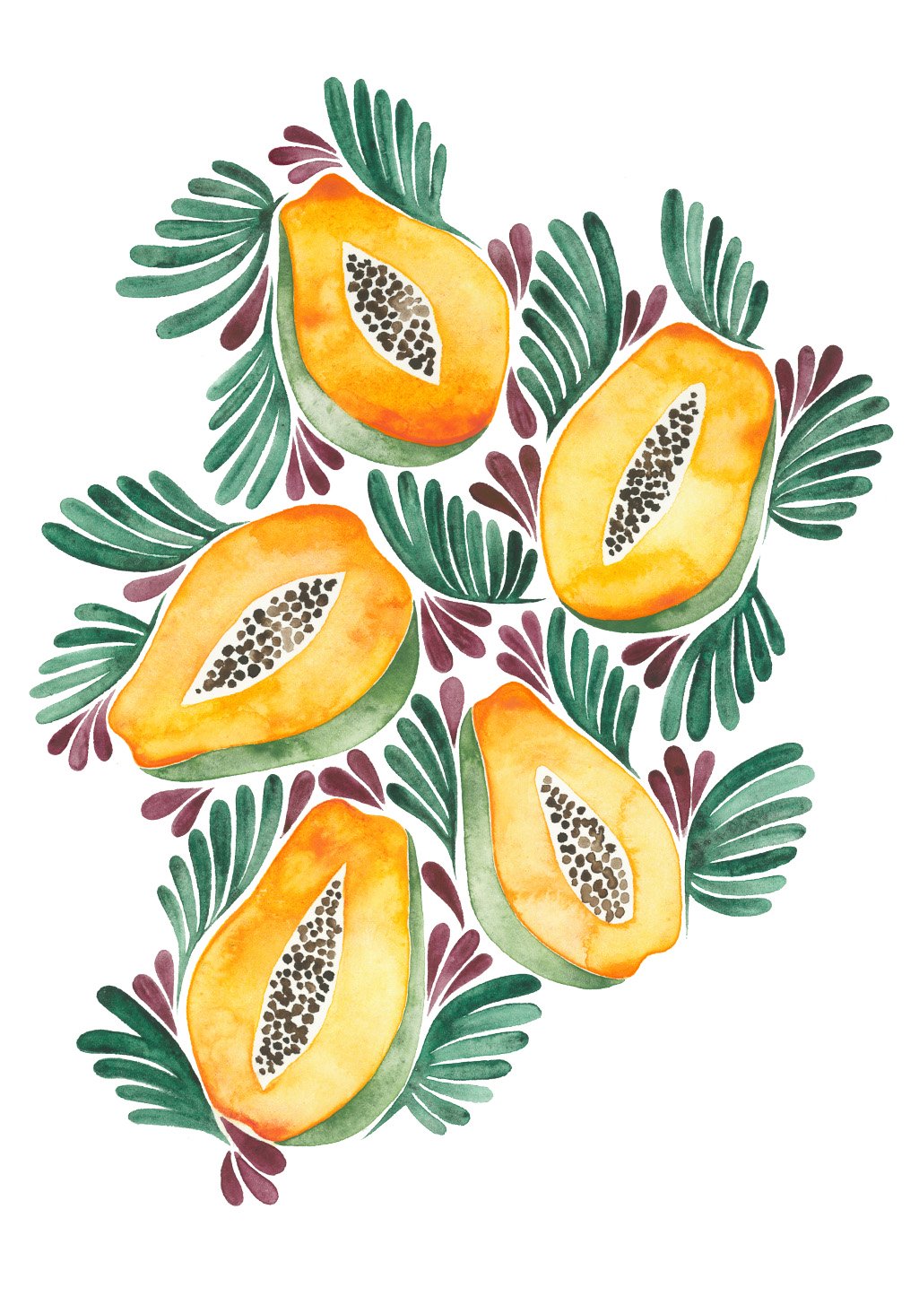 Papaye coupée, feuilles vertes, illustration aquarelle, fruits tropicaux