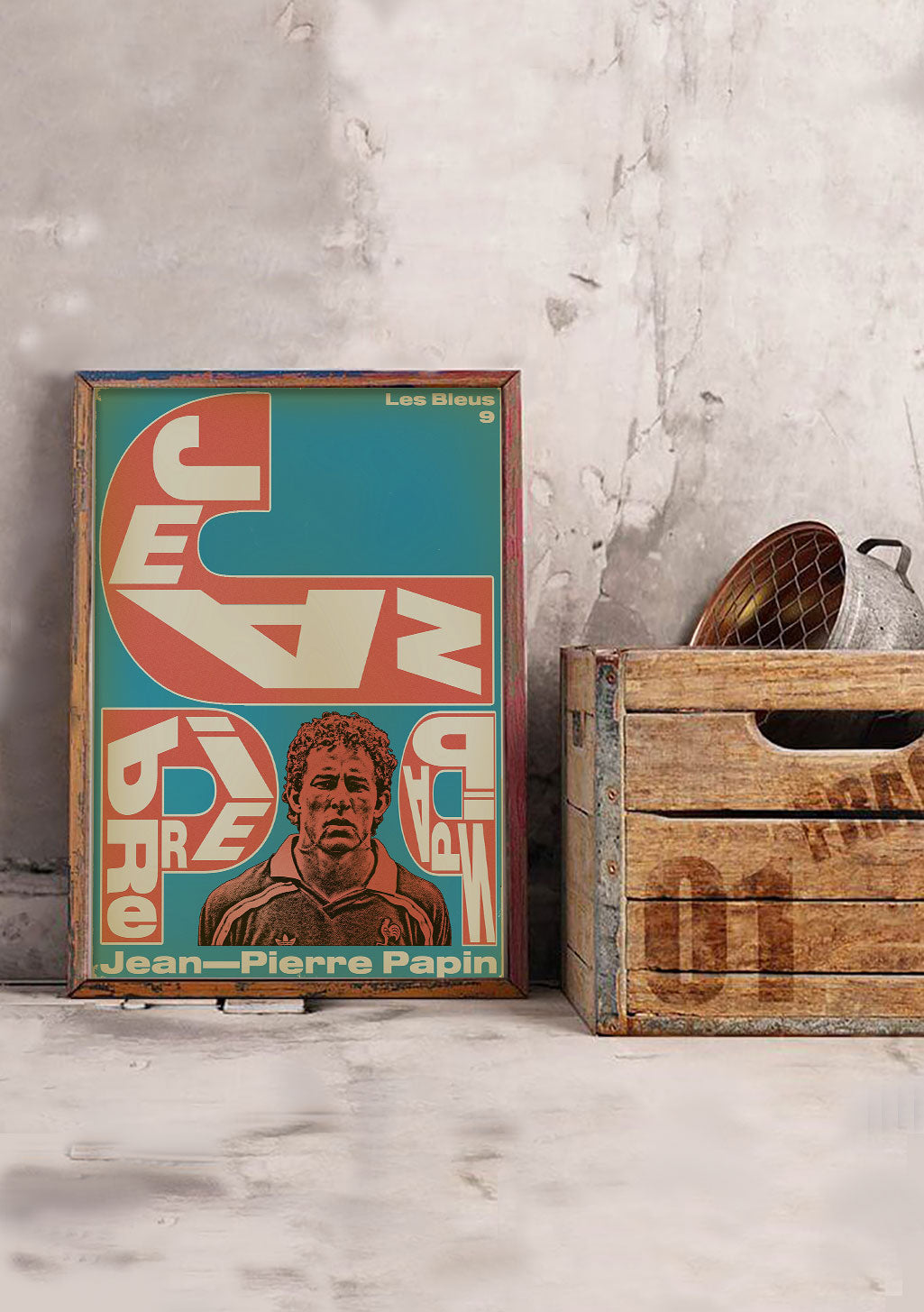 Poster Jean-Pierre Papin, football, Les Bleus, années 90, design coloré