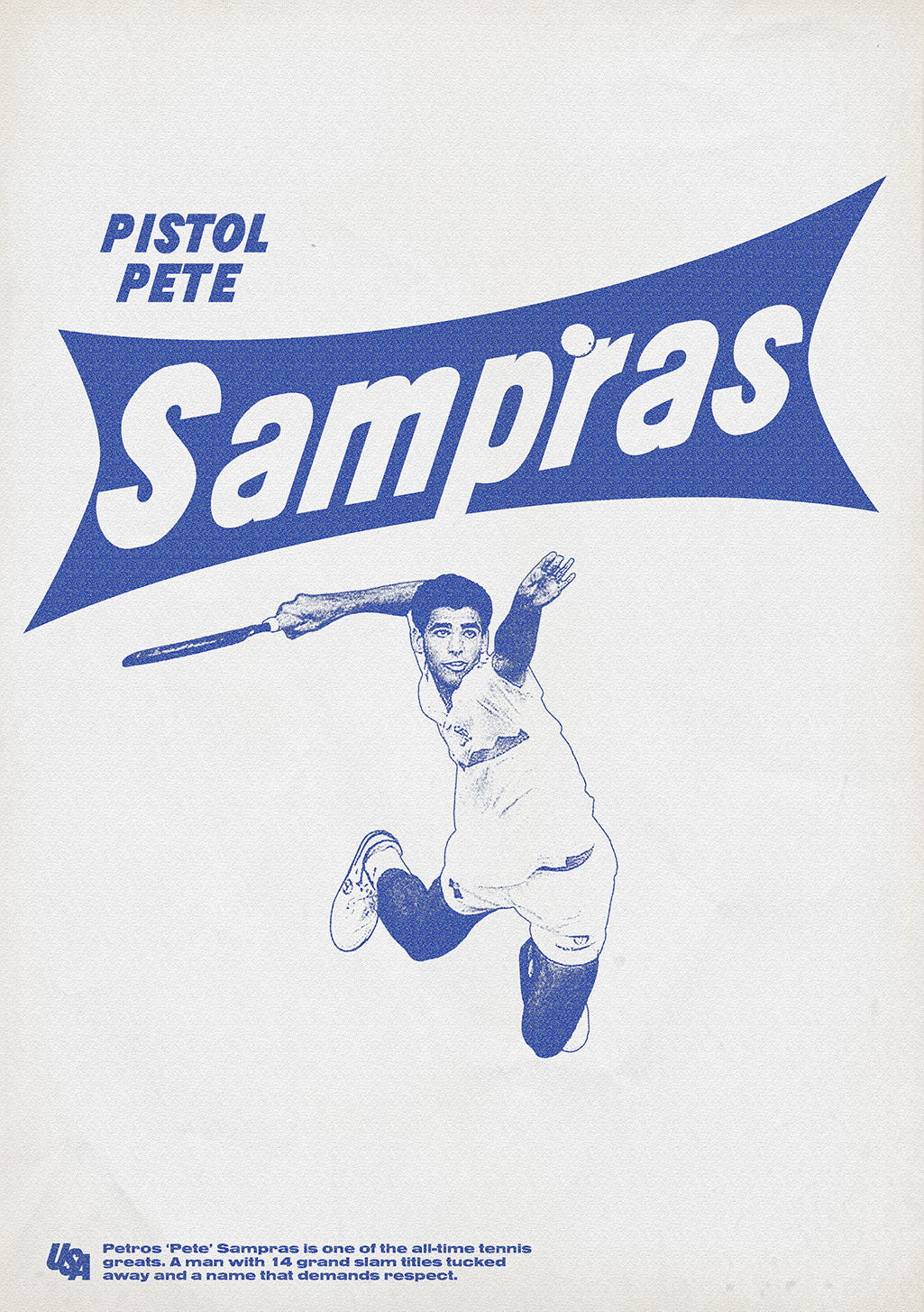 Tennis joueur sautant, raquette, texte bleu, Sampras, Pete, grand slam, respect, US Open