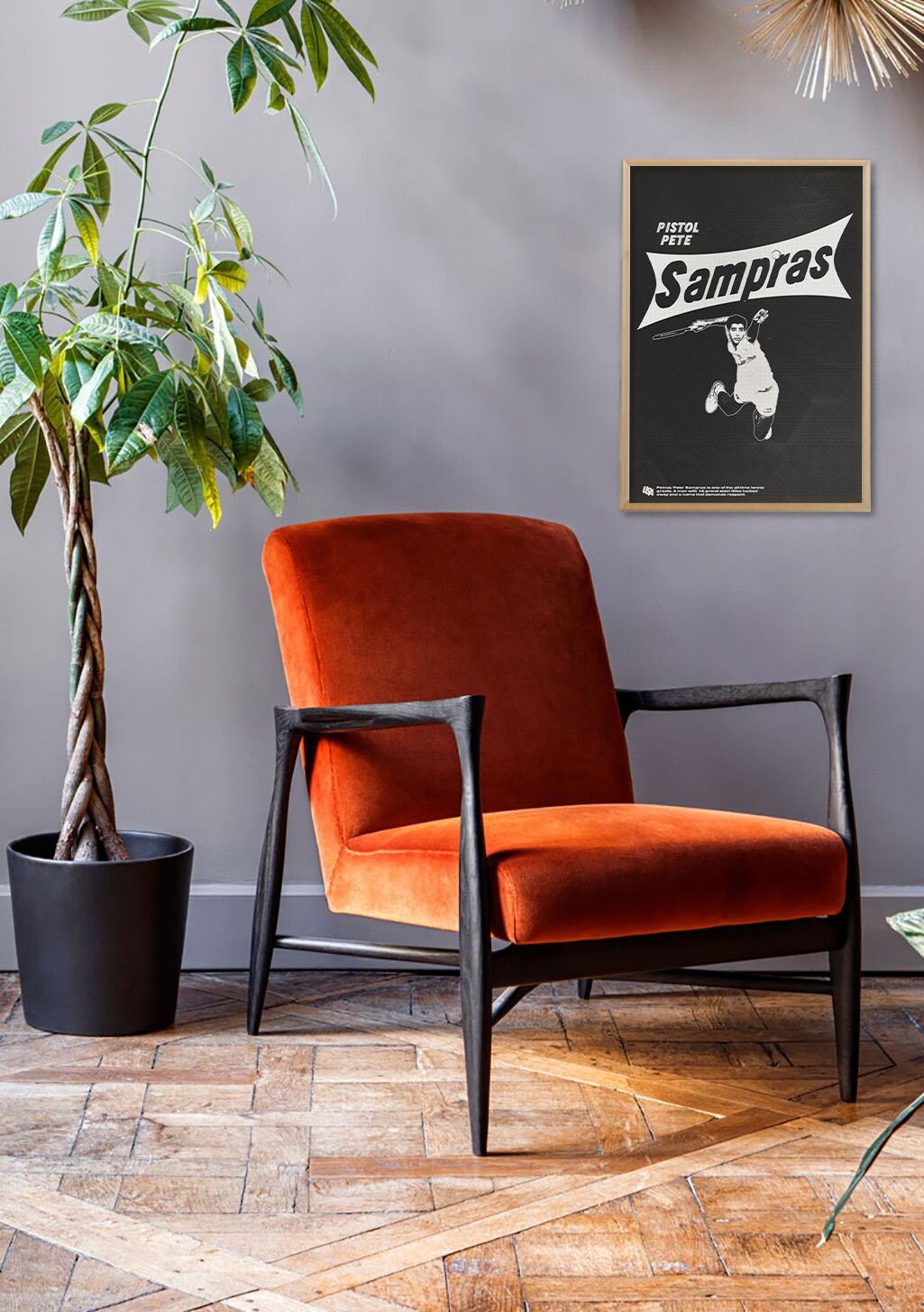 Poster noir et blanc avec texte "Pistol Pete Sampras"