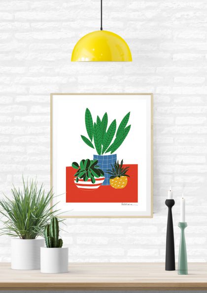 Plantes en pot, rouge, vert, jaune, cadre blanc