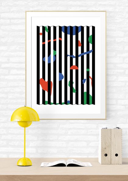 Abstrait, rayures noires, formes colorées, art moderne