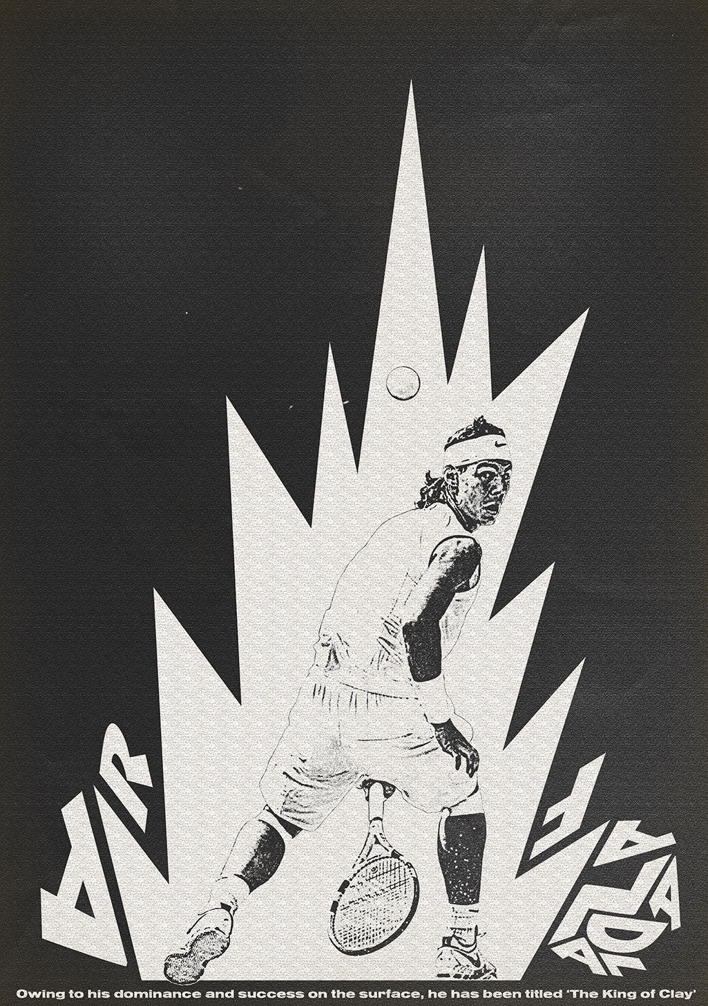 Tennis joueur, raquette, balle, King of Clay, dynamique, noir et blanc, action, titre, succès, puissance, style, sport