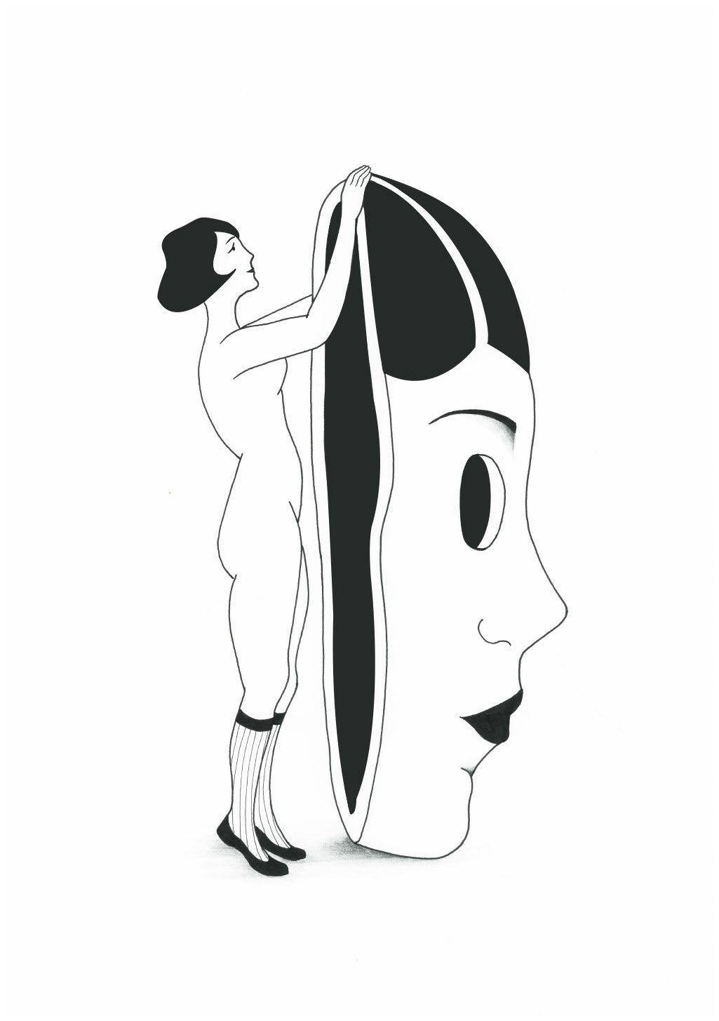 Femme tenant un masque facial, illustration en noir et blanc