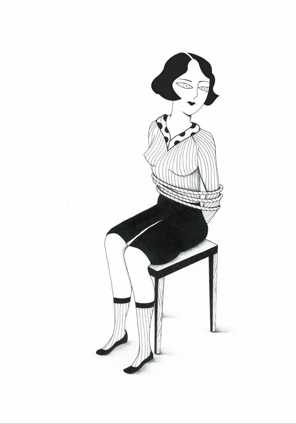 Femme stylisée assise, robe à rayures, jupe noire, bas, chaussures pointues, expression sérieuse