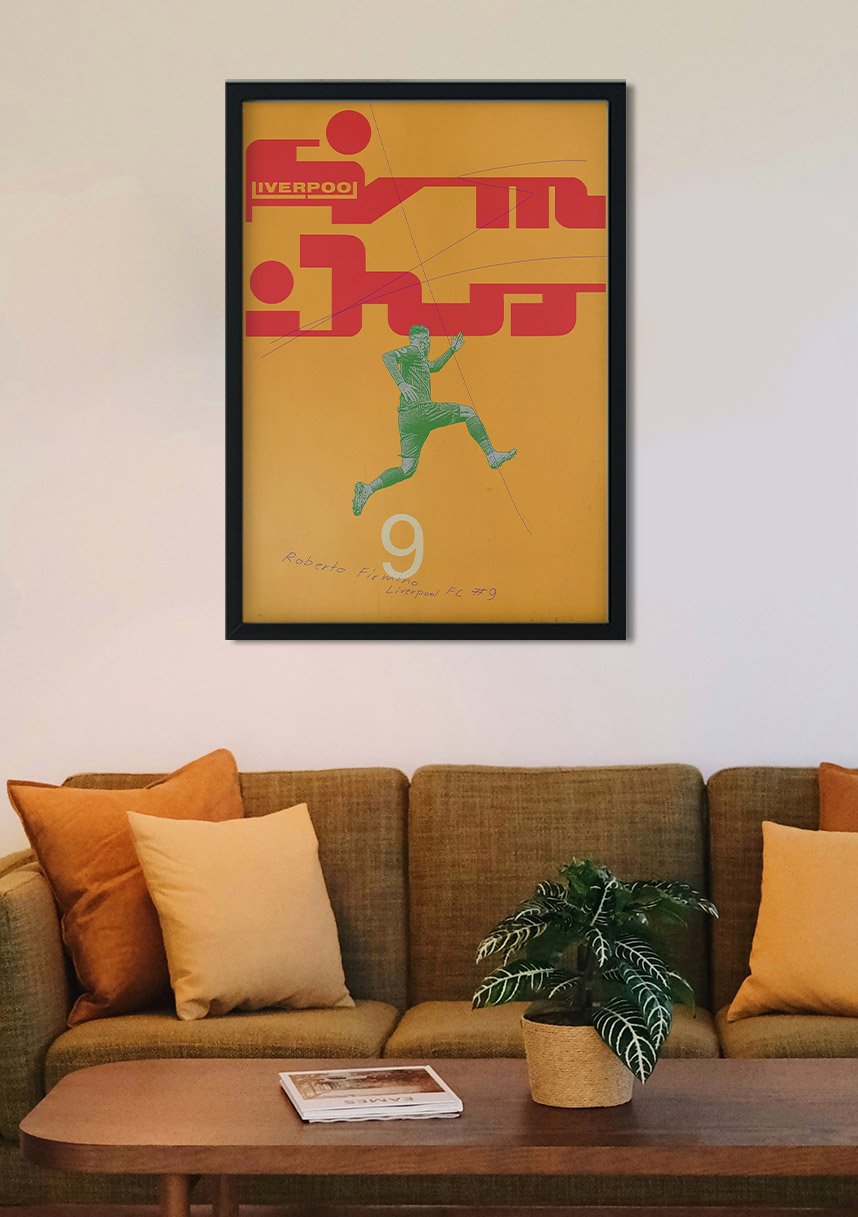 Poster Liverpool FC, joueur au ballon, design vintage, encadré, mur blanc