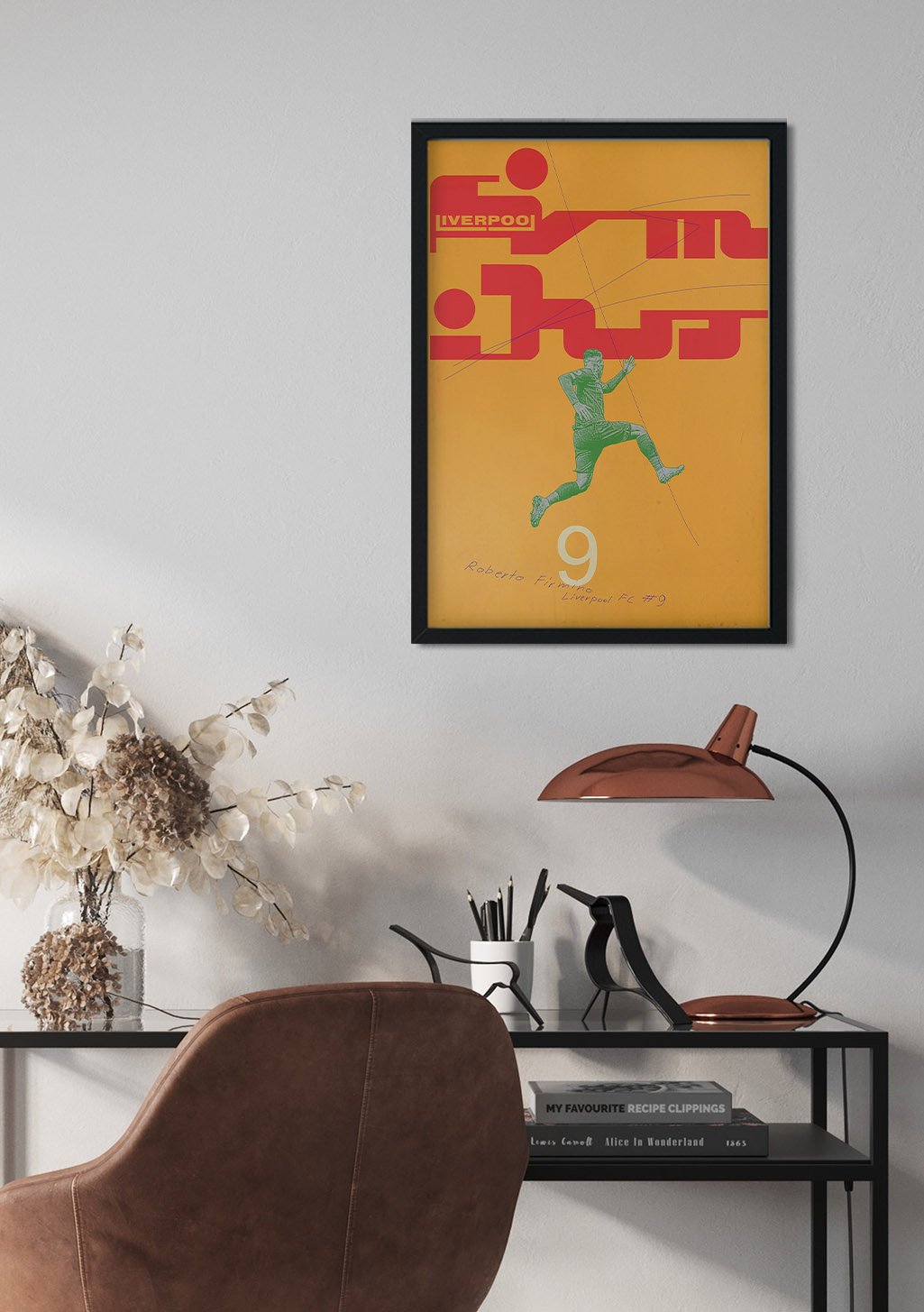 Poster jaune Liverpool FC, joueur au numéro 9, cadre noir