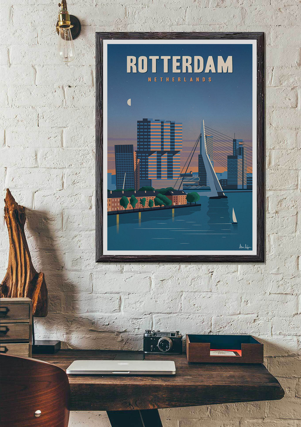 Poster de Rotterdam Pays-Bas, pont, ville, coucher de soleil, bateau, skyline