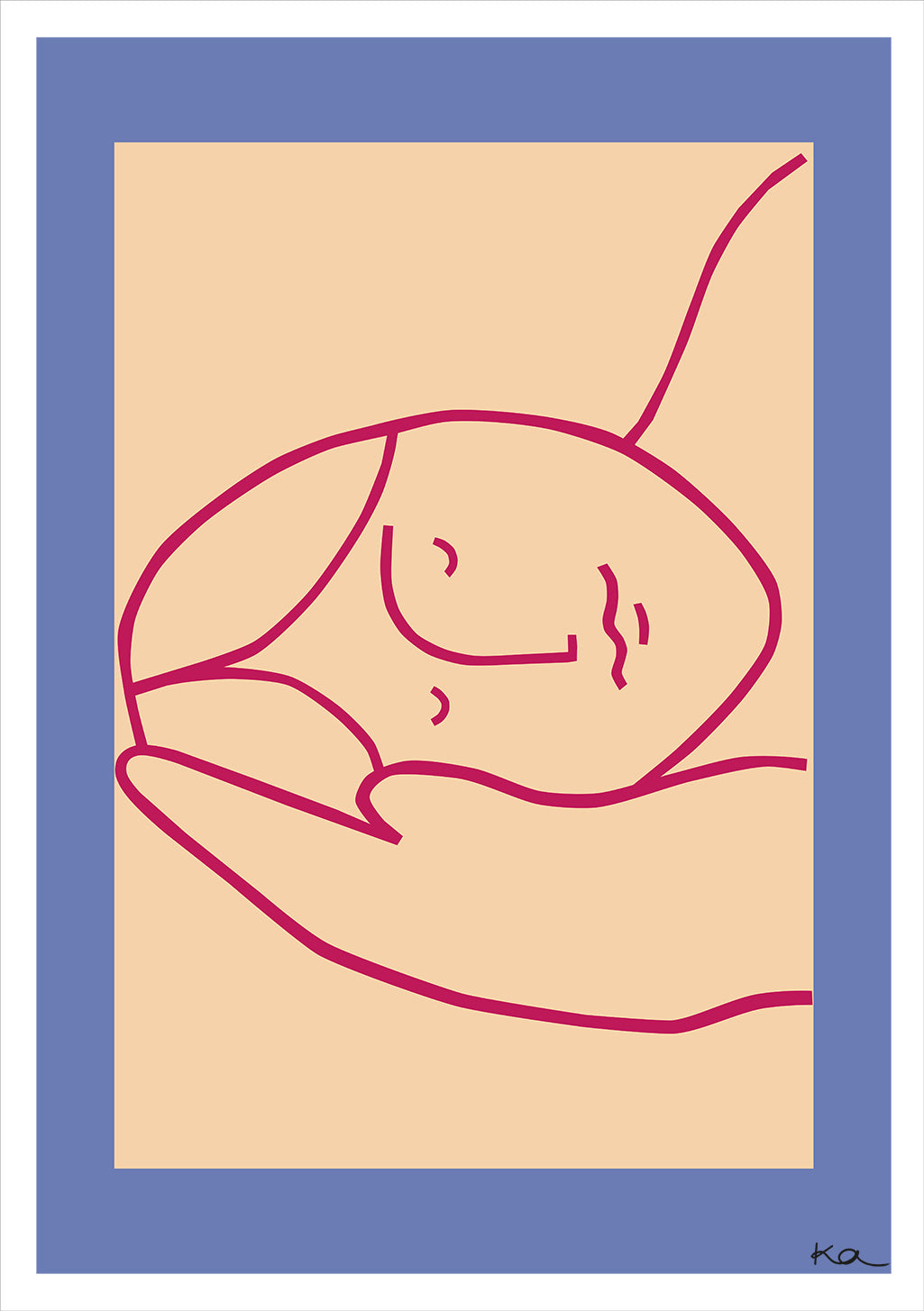 Illustration minimaliste d'une main tenant un bébé, bord bleu clair