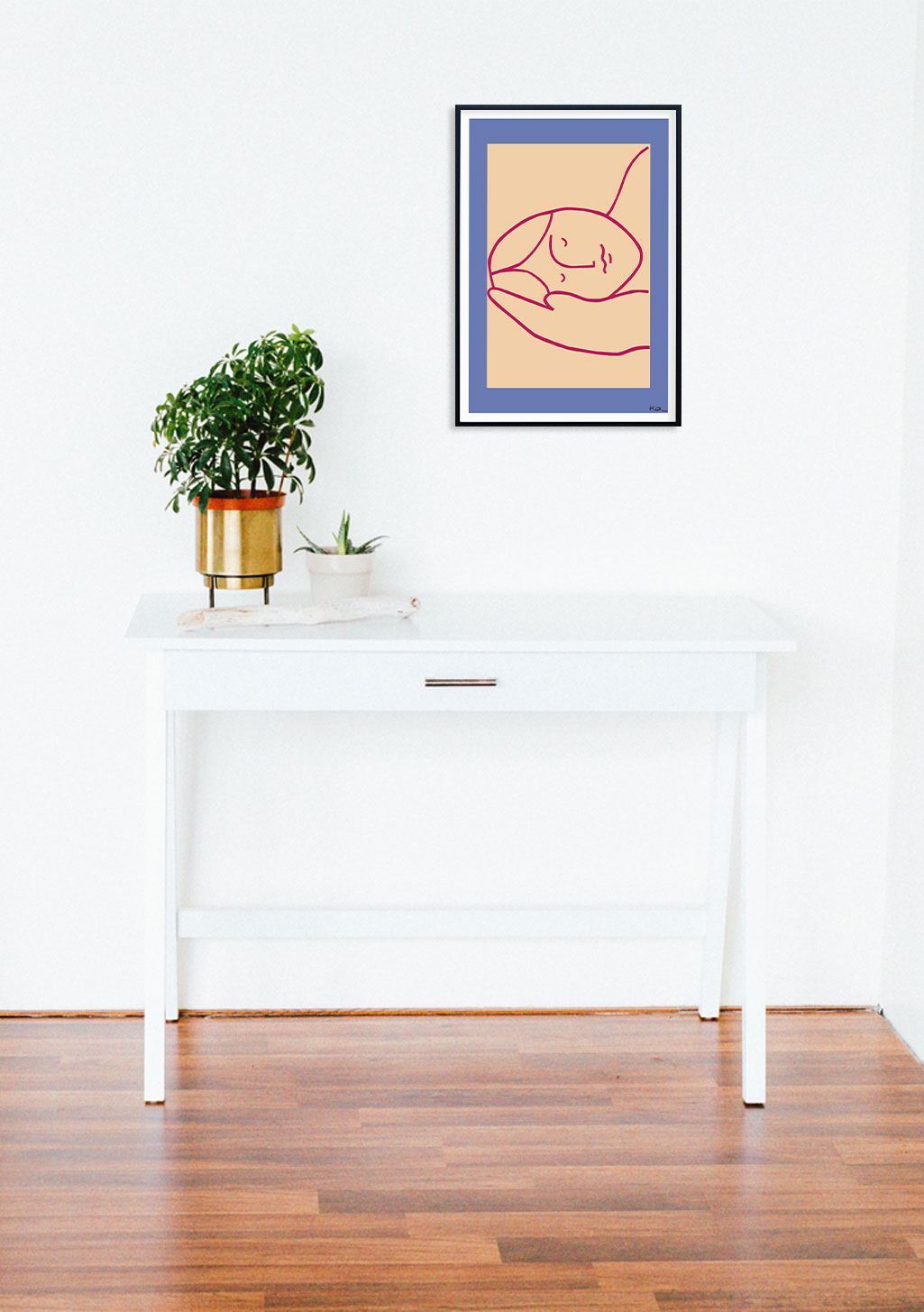 Poster minimaliste, femme allongée, lignes rouges, fond beige, cadre bleu