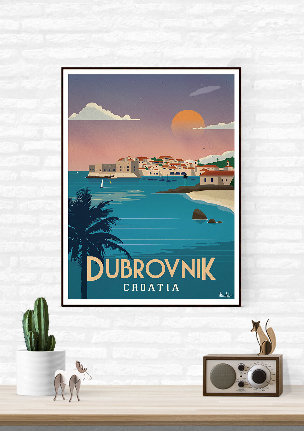 Poster de Dubrovnik, Croatie, plage, coucher de soleil, village, mer, palmier, vintage