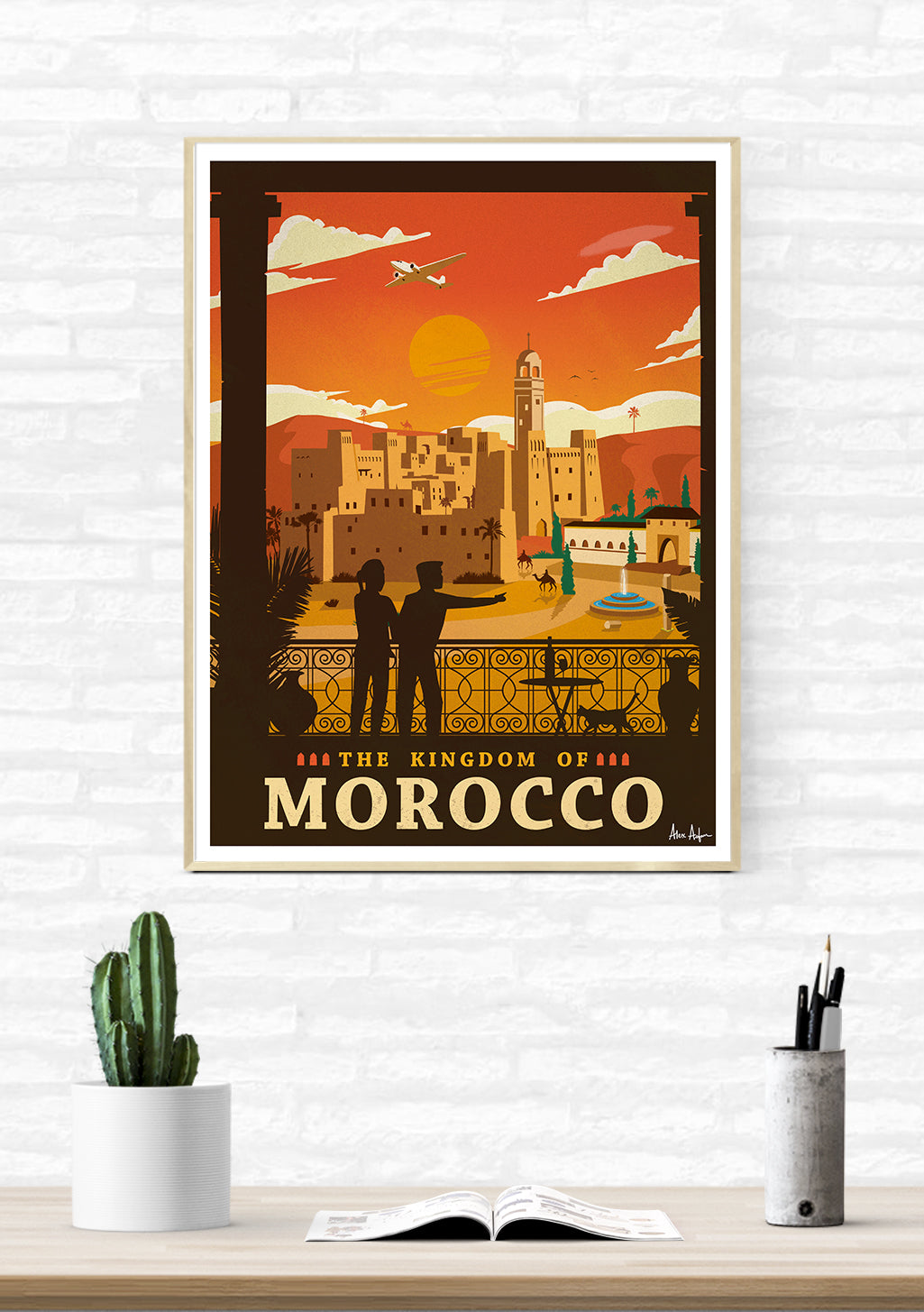 Poster du Royaume du Maroc, illustration vintage, avion, coucher de soleil, architecture, désert