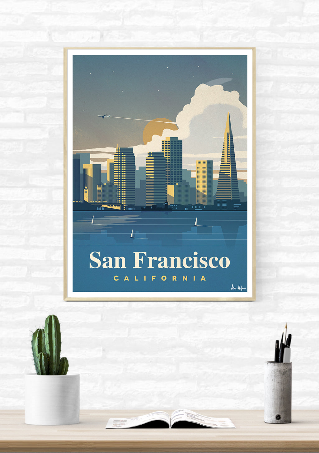 San Francisco, Californie, ville, coucher de soleil, skyline, bâtiments, bateau, ciel bleu, nuage, vintage