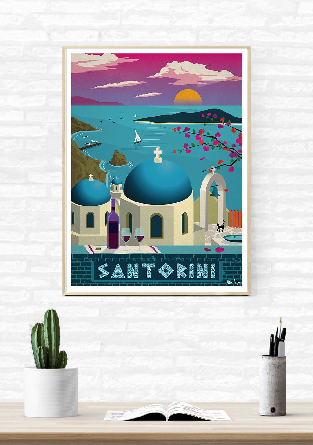 Poster Santorin, Grèce, coucher de soleil, dômes, vin, bateau, mer, ciel rose