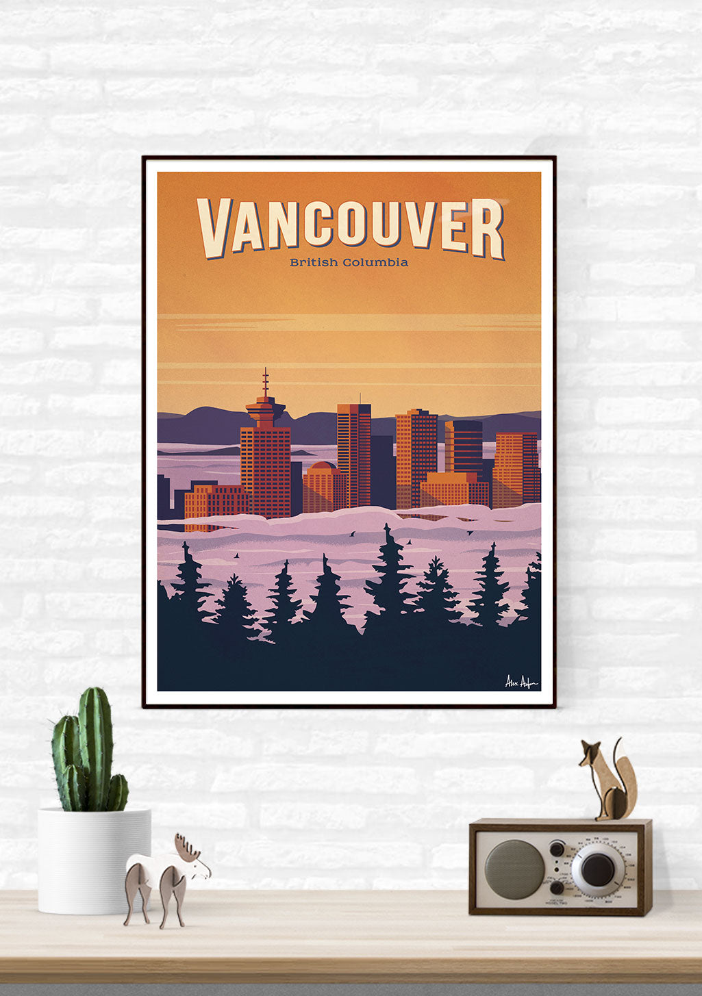 Vancouver, Colombie-Britannique, ville, coucher de soleil, bâtiments, arbres, montagne, illustration, vintage