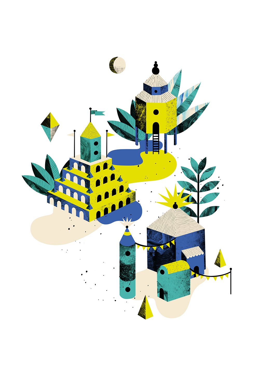 Illustration abstraite de ville avec bâtiments colorés et feuilles
