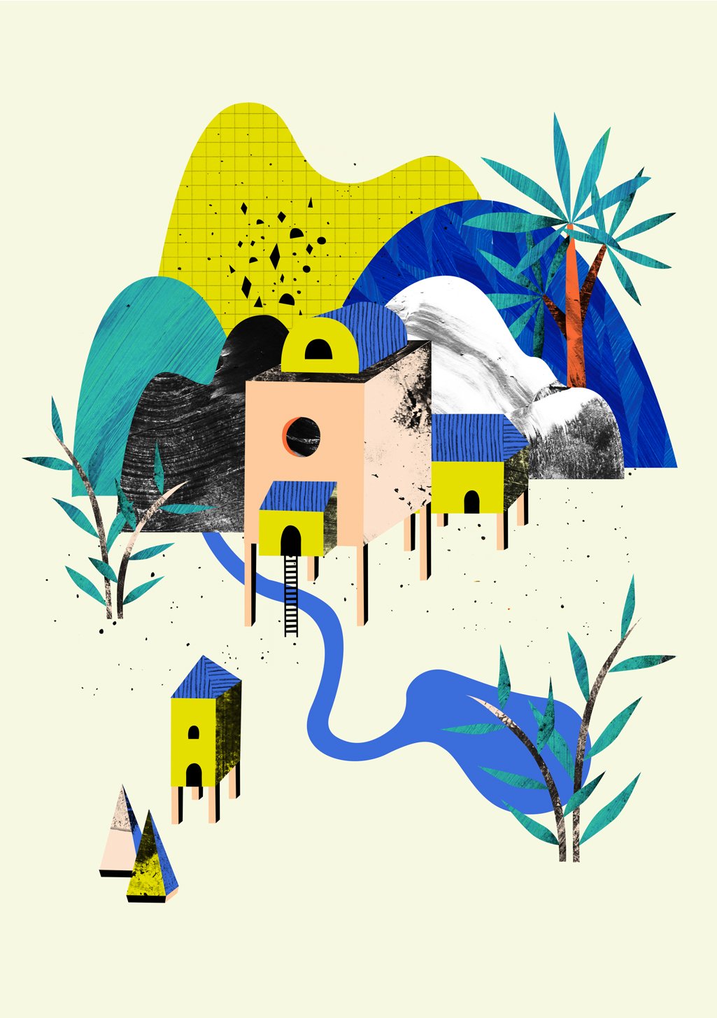 Art abstrait, maisons colorées, rivière bleue, arbres stylisés, montagnes