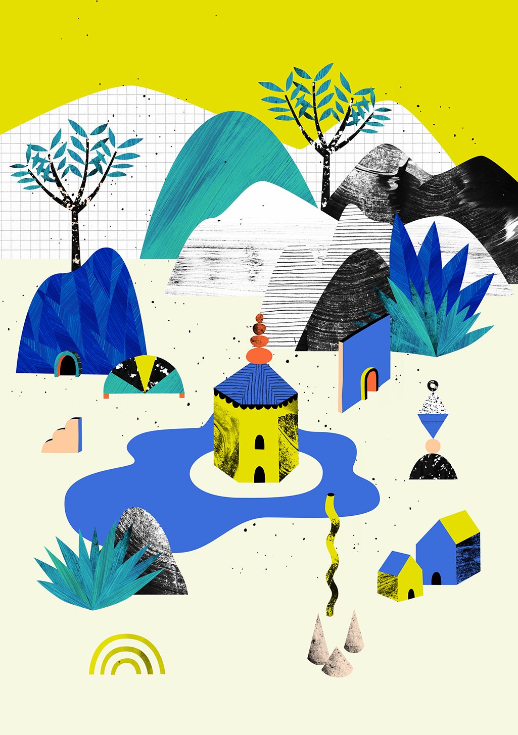 Art abstrait, maisons colorées, arbres, montagnes, rivière, ciel jaune