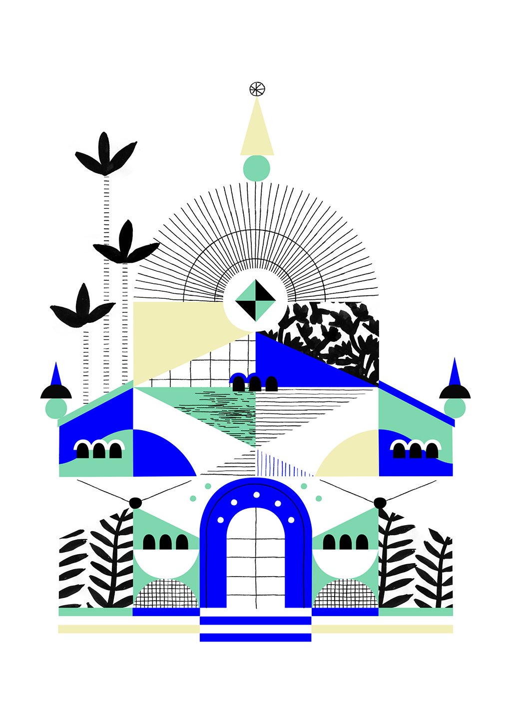Illustration abstraite, motifs géométriques, couleurs vives, motifs floraux, architecture stylisée