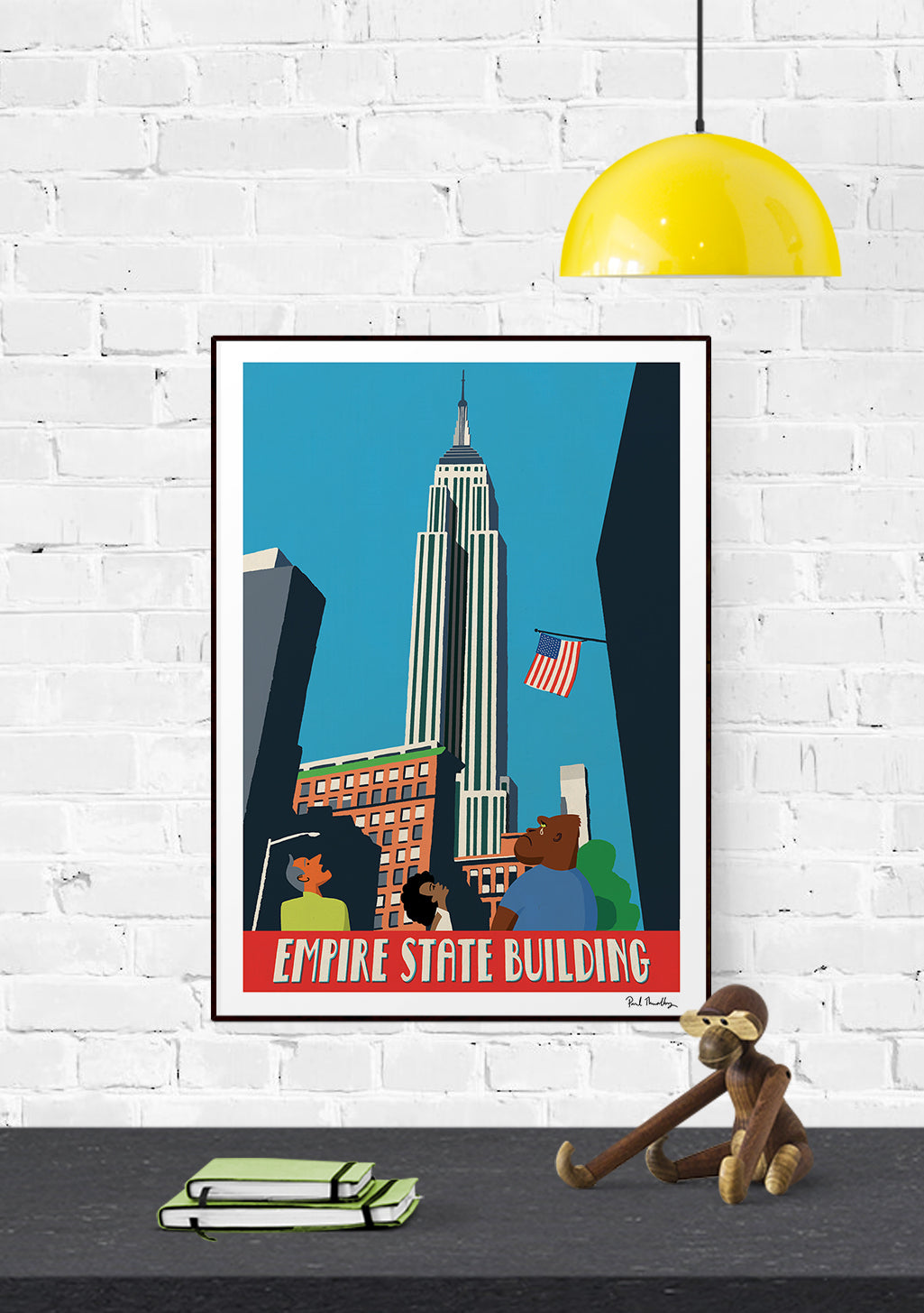 Poster Empire State Building, illustration colorée, New York, gratte-ciel, drapeau américain, personnages, art moderne