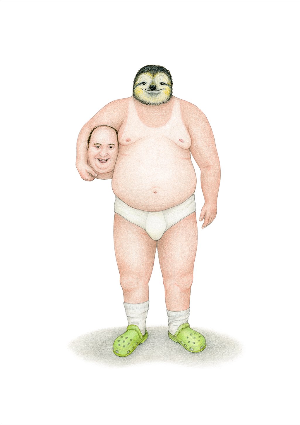 Personnage obèse avec tête d'ours, sous-vêtements blancs, claquettes vertes, bras tenant une tête souriante