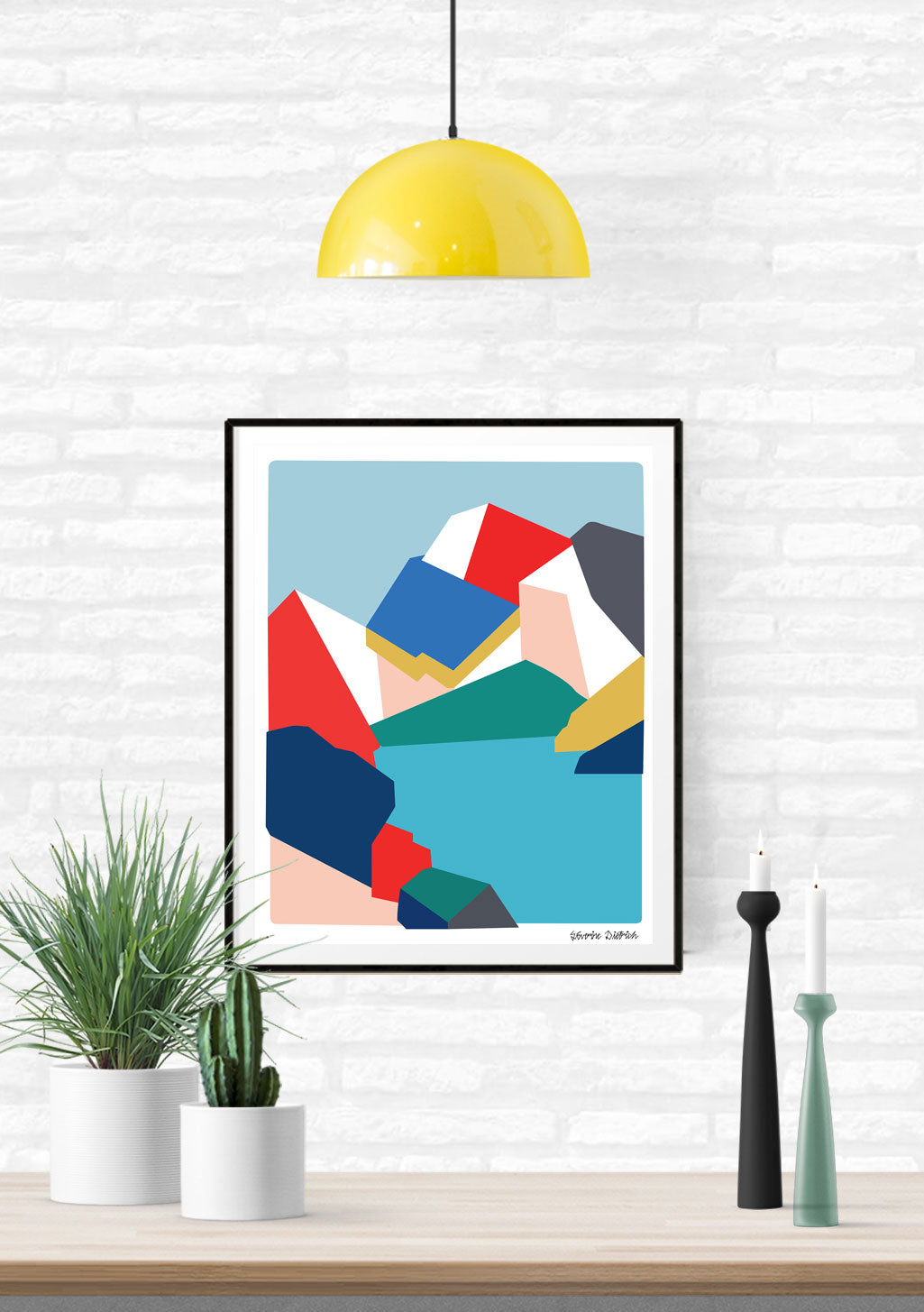 Art abstrait géométrique, formes colorées, fond bleu clair