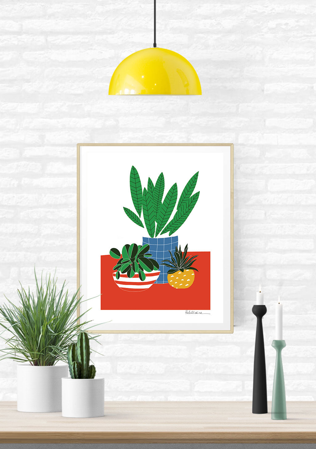 Plantes en pot stylisées, couleurs vives, fond rouge