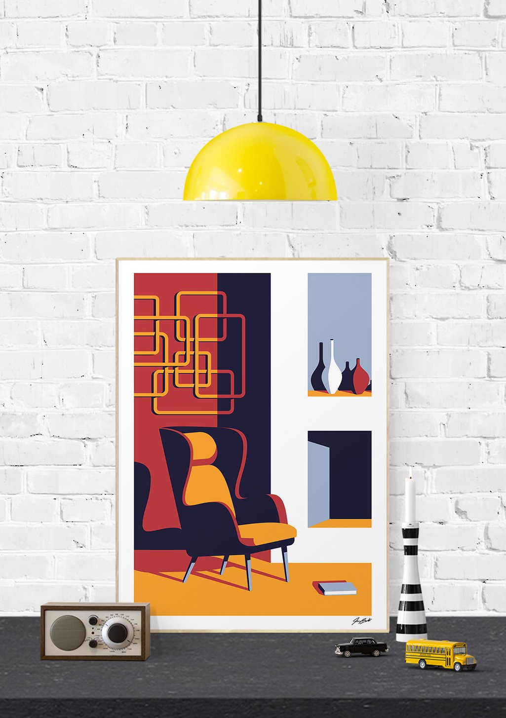 Chaises, motifs géométriques, couleurs vives, livres, vases